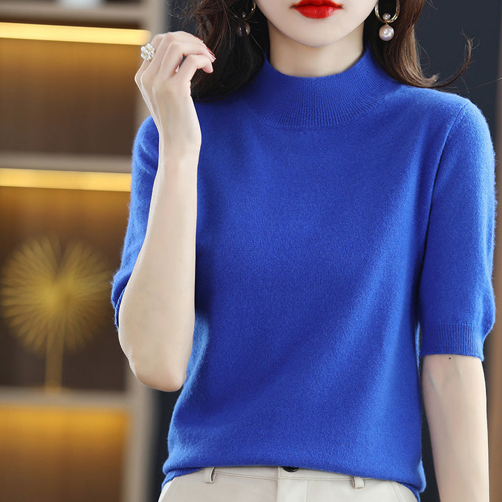 Damen Kurzärmeliger Feinstrick-Pullover mit halbem Rollkragen Drune
