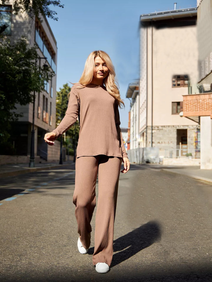 Damen lässiges Strick-Loungewear-Set mit Rippenstruktur und weitem Bein Drune