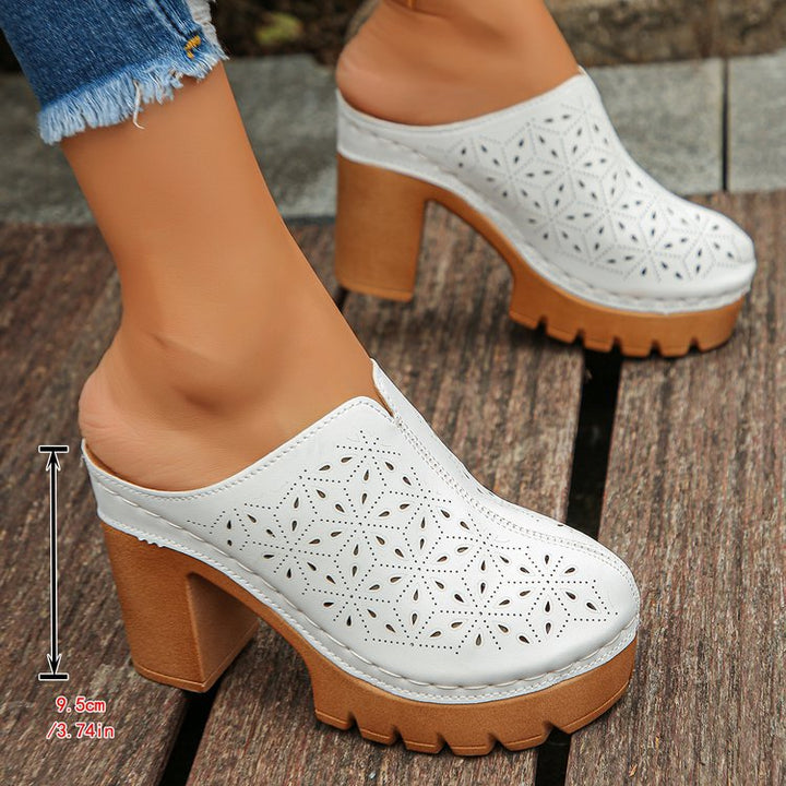Damen Offene Clogs mit floralem Cut-Out Design und klobigem Absatz Drune