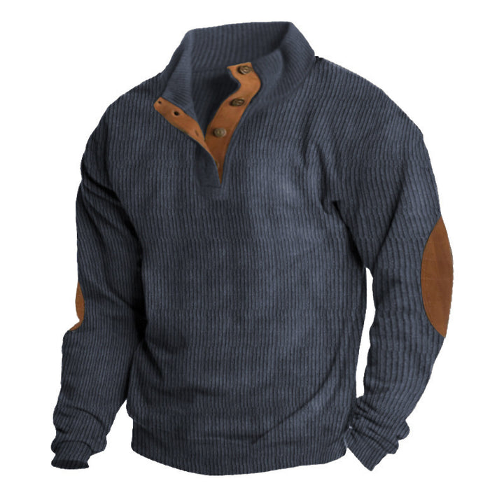Herren nan grober Rippstrick-Pullover mit Stehkragen, Knopfleiste und markanten Ellenbogenpatches Drune