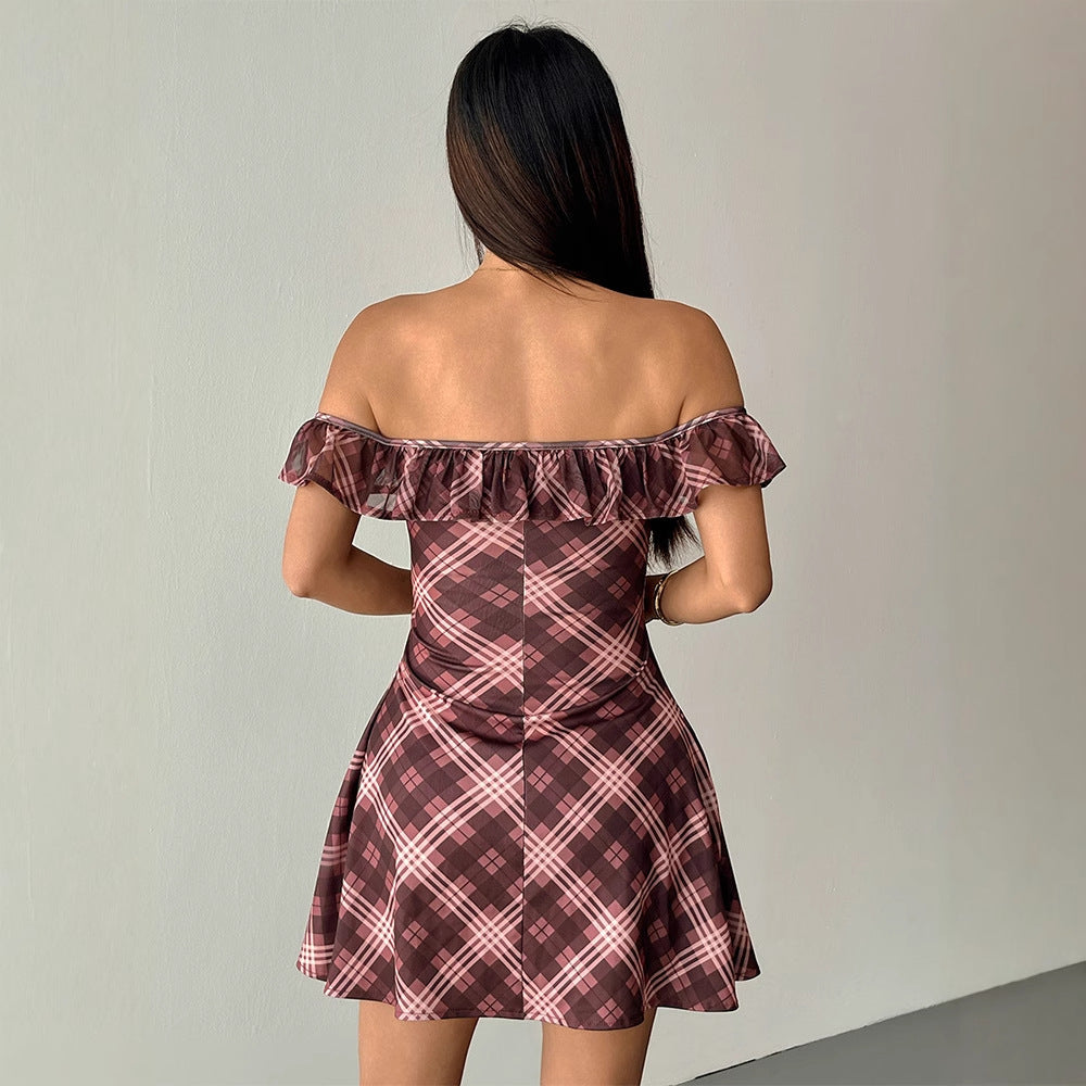 Damen Off-Shoulder Minikleid mit verspieltem Rüschensaum und kariertem Design Drune