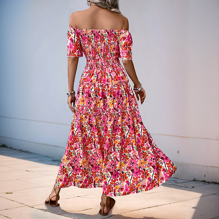 Damen Off-Shoulder Maxikleid mit Blütenmuster und Rüschendetails Drune