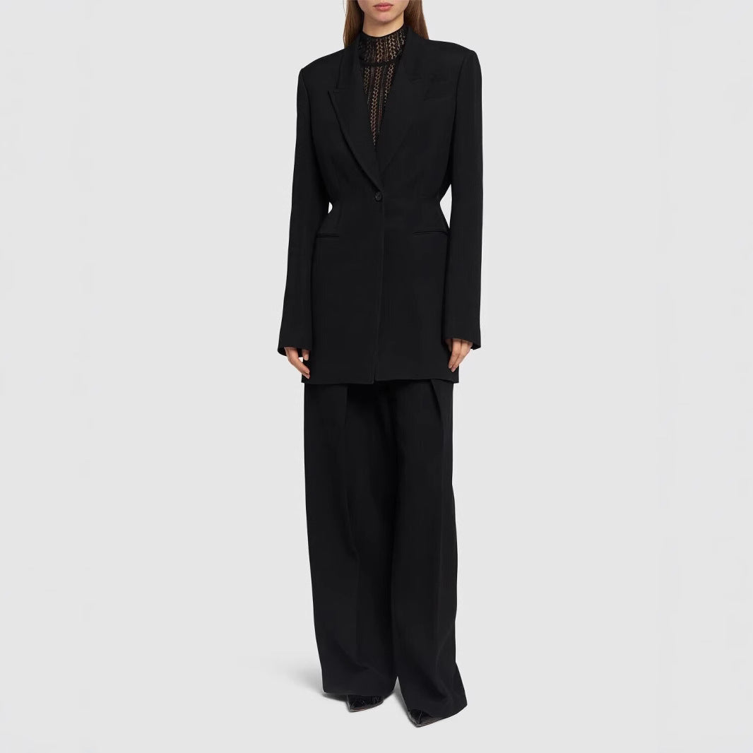 Damen Einreihiger Longblazer mit taillierter Silhouette und weiter Palazzohose Drune