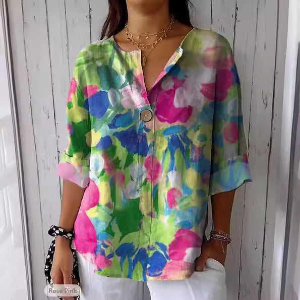 Damen Lose Blumenmuster Leinenlook Bluse Tunika mit V-Ausschnitt und Dreiviertelärmeln Drune