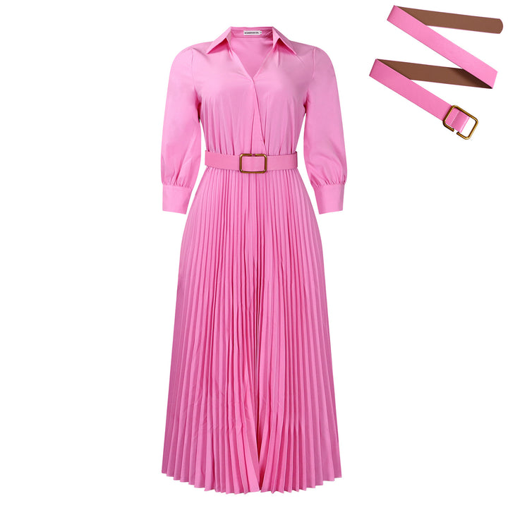 Damen Plissee Maxi-Kleid mit Taillengürtel und eleganter Knopfkragen Drune
