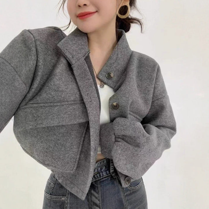 Damen Kurze Oversize-Wolloptik-Jacke mit Stehkragen und Ballonärmeln Drune