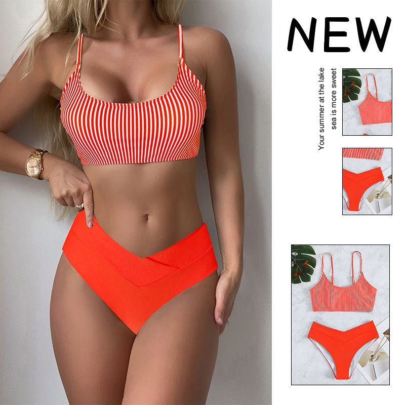 Damen Bikini-Set mit gestreiftem Oberteil und hoch geschnittenem Höschen Drune