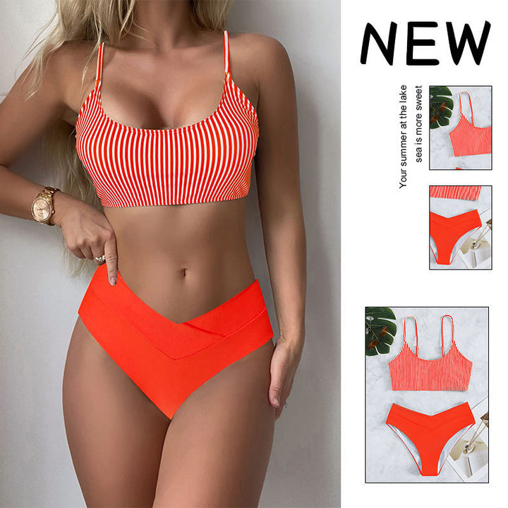 Damen Bikini-Set mit gestreiftem Oberteil und hoch geschnittenem Höschen Drune