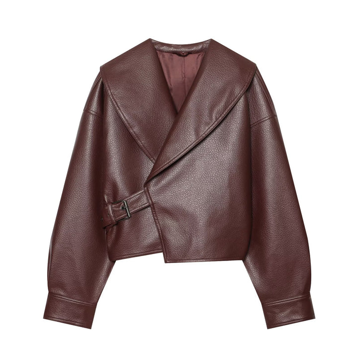 Damen Cropped Kunstlederblouson mit großem Schalkragen und Taillenband Drune