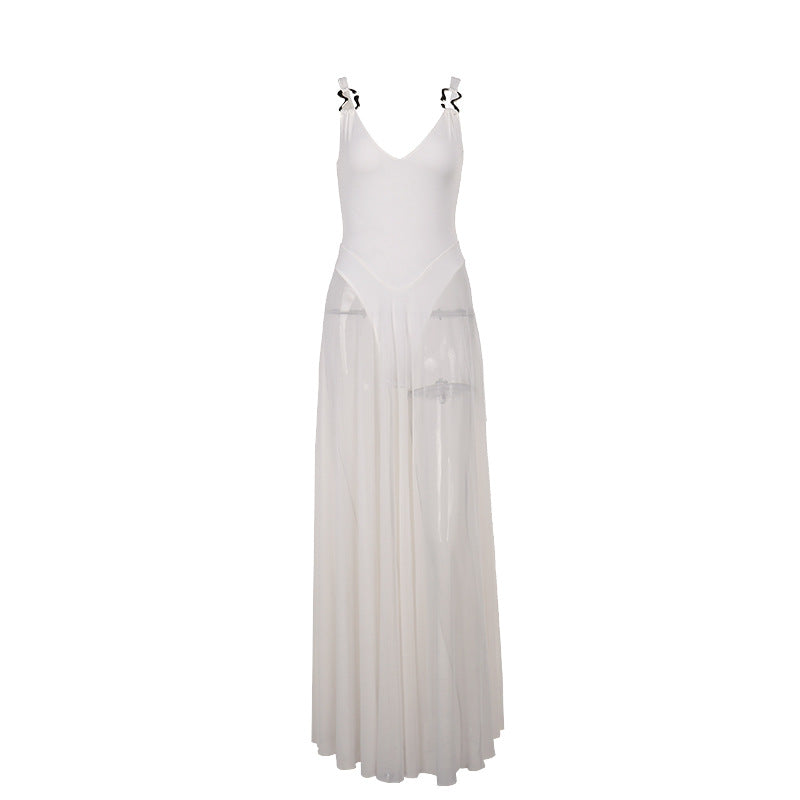 Damen Stilvolles Maxikleid mit transparentem Rock und elegantem V-Ausschnitt Drune