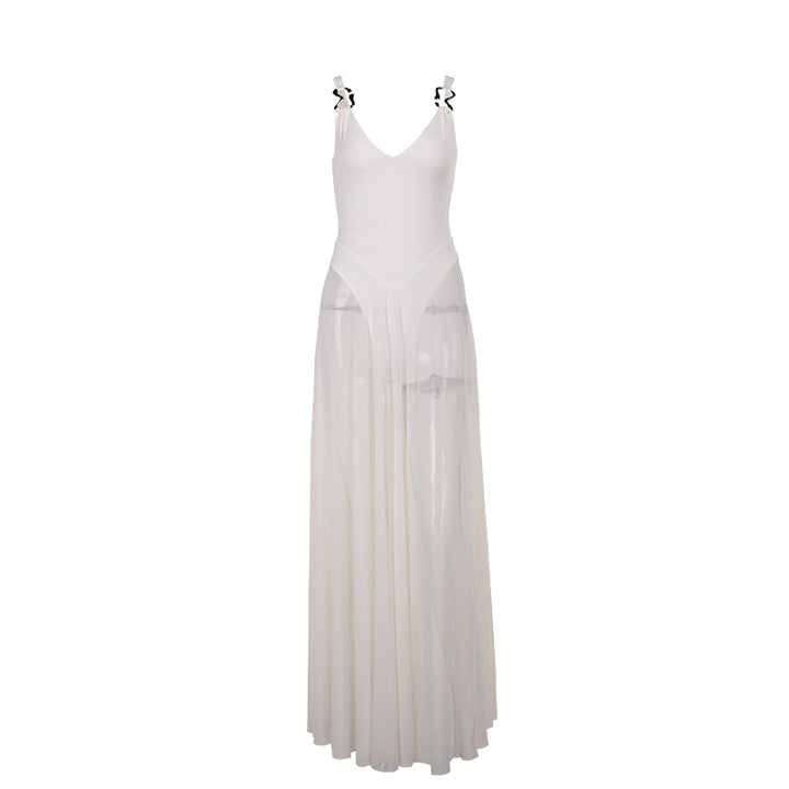 Damen Stilvolles Maxikleid mit transparentem Rock und elegantem V-Ausschnitt Drune