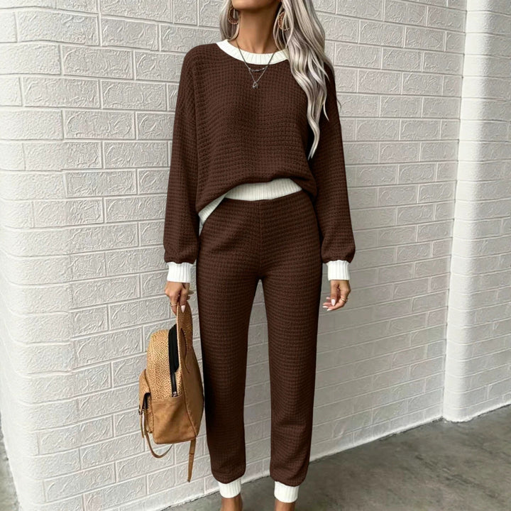 Damen Waffelstrick-Komfort-Set mit hochtaillierter Slim-Jogginghose und Oversize-Pullover Drune