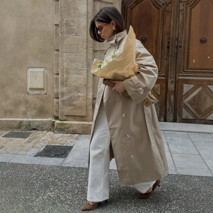 Damen Maxi-Trenchcoat mit hohem Stehkragen, doppelreihiger Knopfleiste & Taillengürtel Drune