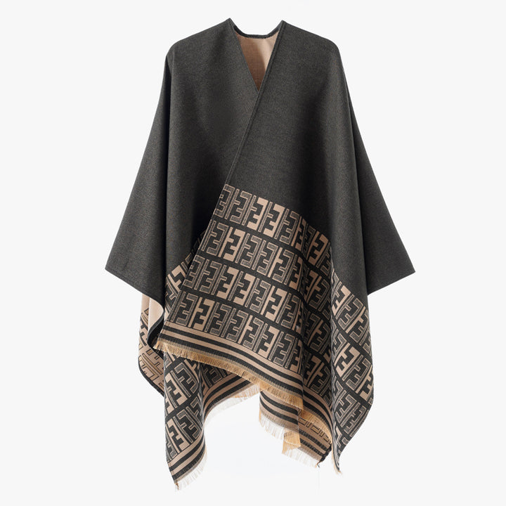 Damen Eleganter Cape-Überwurf im Kimono-Schnitt mit eingewebtem Monogramm und Fransensaum Drune