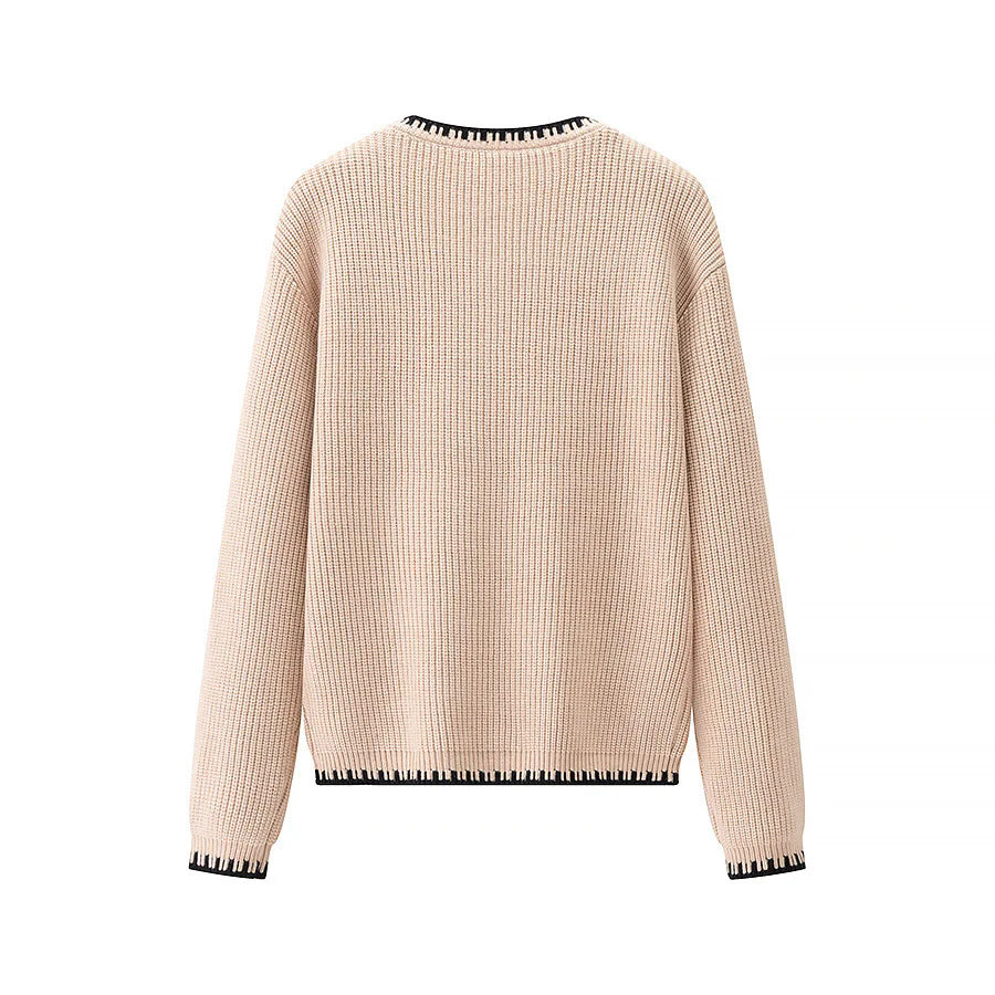 Damen nan gerippte Strickjacke mit Rundhals, kontrastierender Paspel und durchgehender Knopfleiste Drune