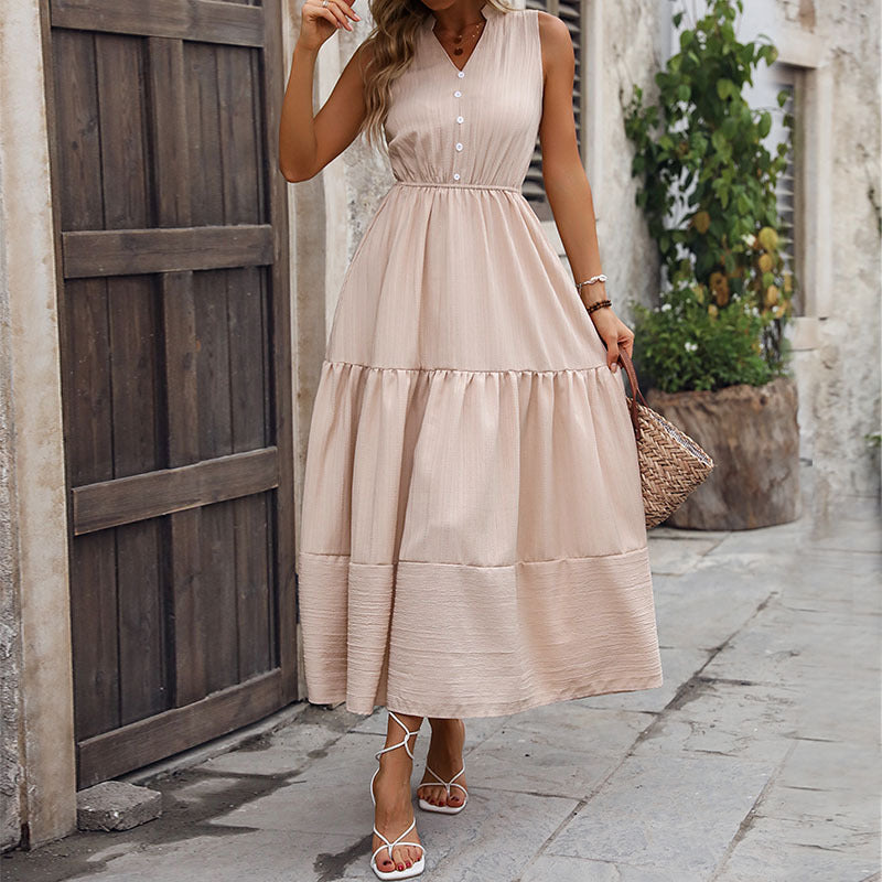 Damen Maxikleid mit V-Ausschnitt und Knopfleiste Drune
