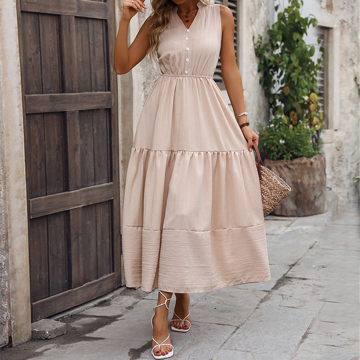 Damen Maxikleid mit V-Ausschnitt und Knopfleiste Drune