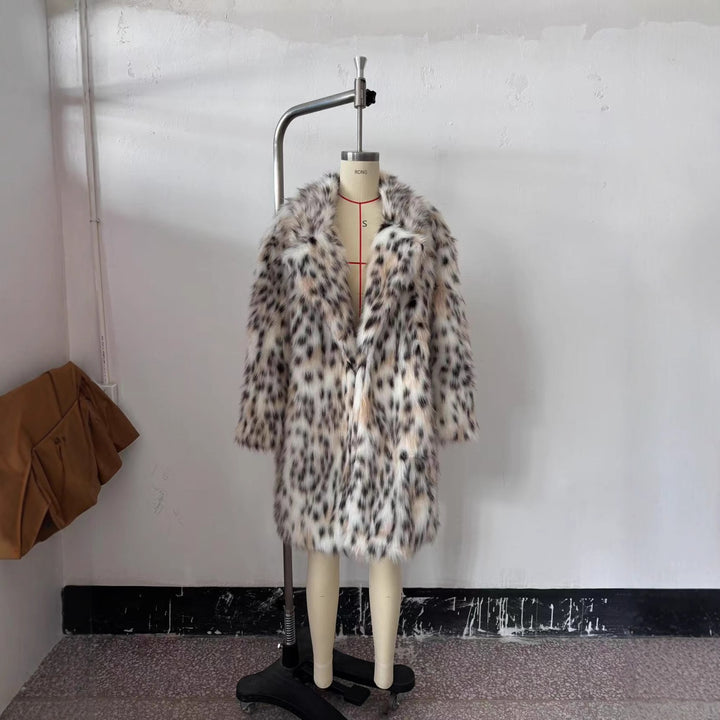 Damen Midimantel aus Kunstfell mit Leoparden‑Print, oversized Schnitt und Schalkragen Drune