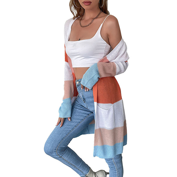Damen Longline Feinstrick-Cardigan mit bunten Blockstreifen und seitlichen Eingrifftaschen Drune