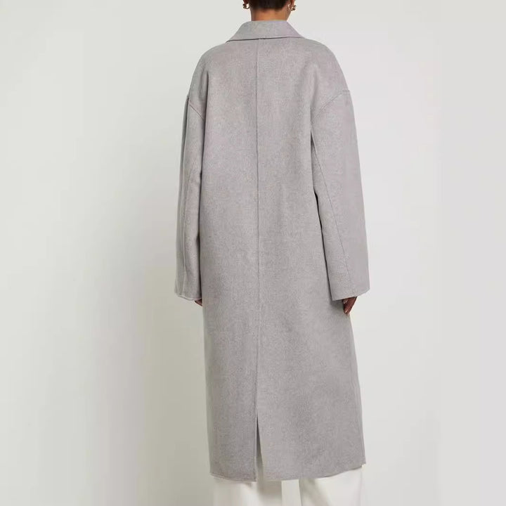 Damen Oversize Zweireihiger Longcoat mit fallender Schultersilhouette und goldenen Zierknöpfen Drune