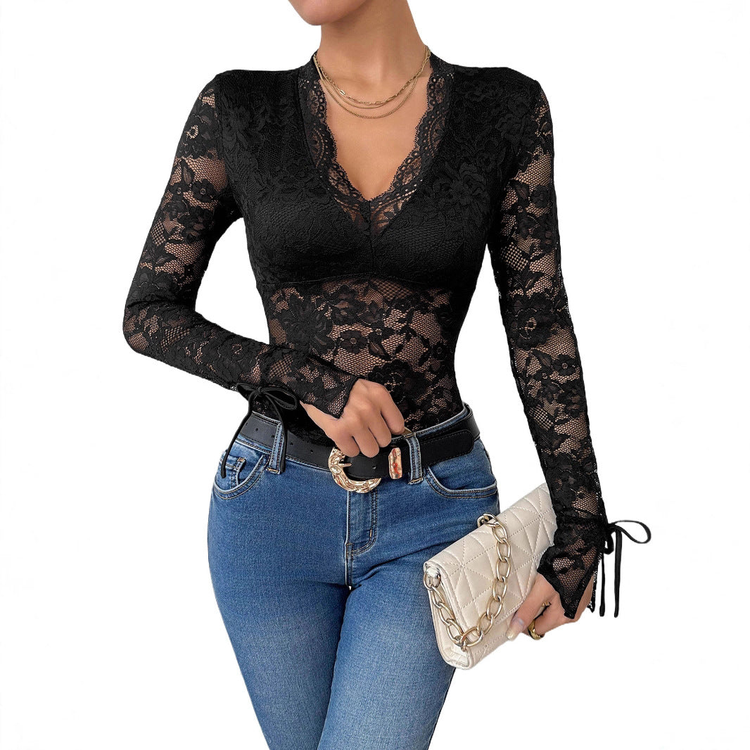 Damen Figurbetonter Spitzen-Body mit V-Ausschnitt, transparenter Blumen-Spitze und Ärmelbindern Drune