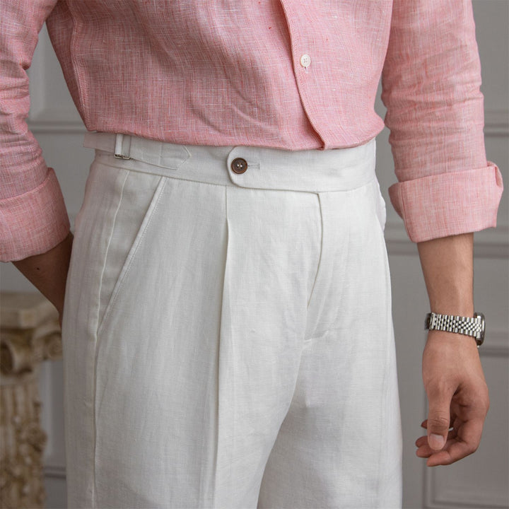 Herren Leinenhose mit hoher Taille, Bundfalten und verstellbarem Seitenriegel Drune