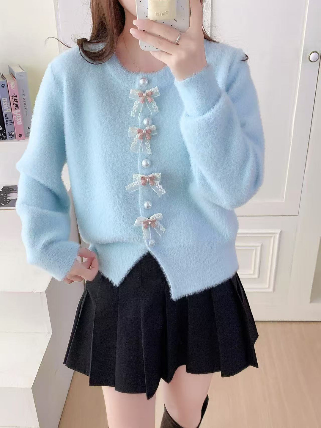 Damen Flauschige Strickjacke mit Perlen und Rüschendetails Drune
