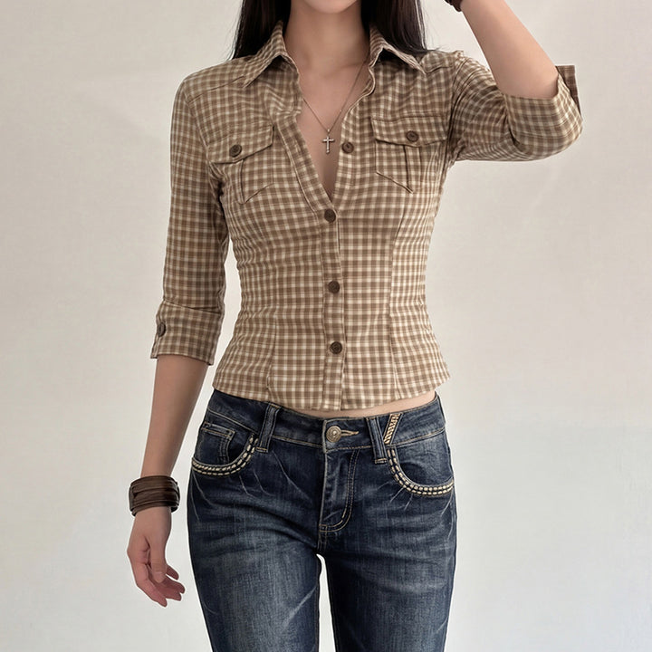 Damen nan taillierte Dreiviertelarm Karobluse mit Brustpattentaschen und Hemdkragen Drune