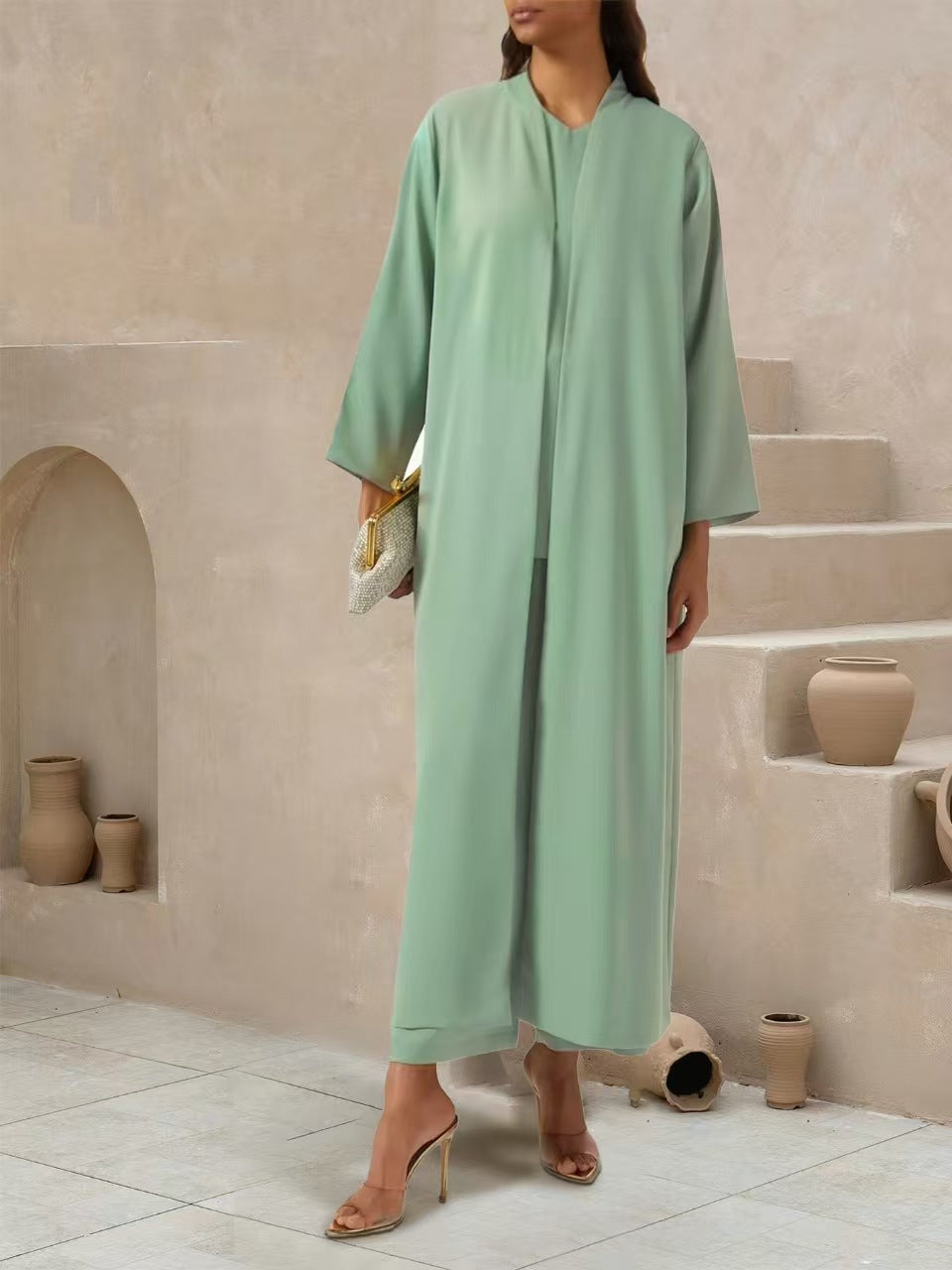 Damen Fließender Maxi-Kaftan-Mantel mit offenem Vorderteil und minimalistischem Stehkragen Drune