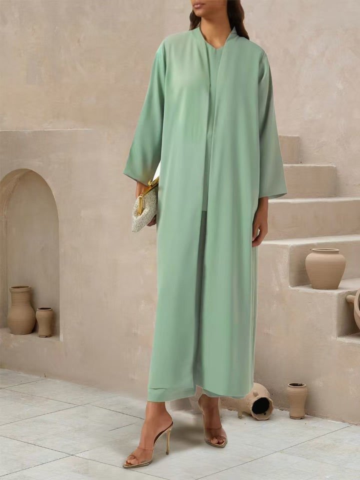 Damen Fließender Maxi-Kaftan-Mantel mit offenem Vorderteil und minimalistischem Stehkragen Drune