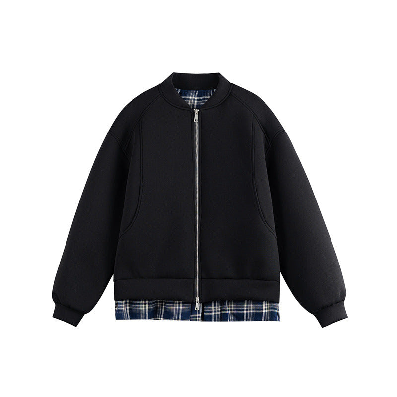 Damen Zwei‑in‑Eins Bomber‑Sweatjacke mit Karo‑Layer‑Einsatz und Stehkragen Drune