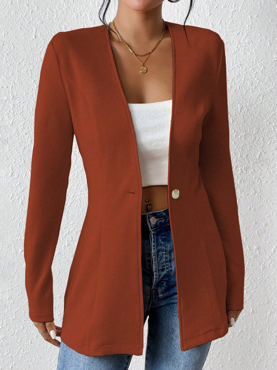 Damen Taillierter kragenloser Longblazer mit Ein-Knopf-Verschluss Drune