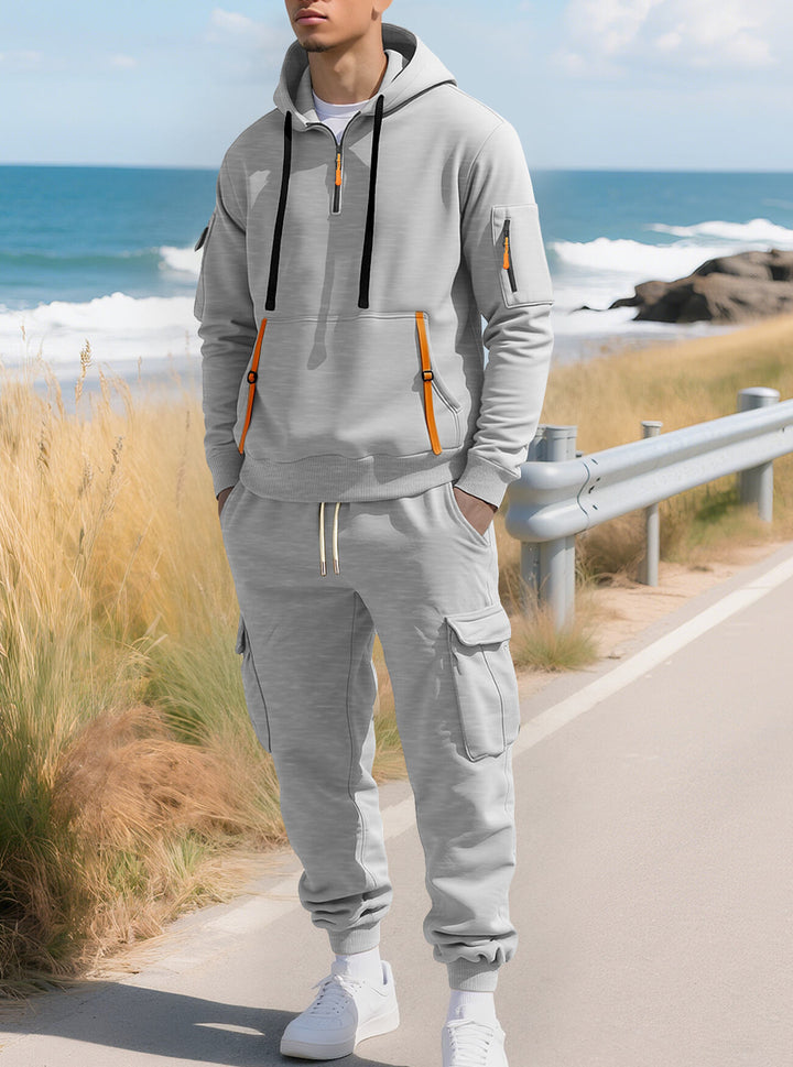 Herren nan lässiger Halbzip Hoodie mit Kängurutasche und Cargo Jogginghose mit Reißverschlussdetails Drune