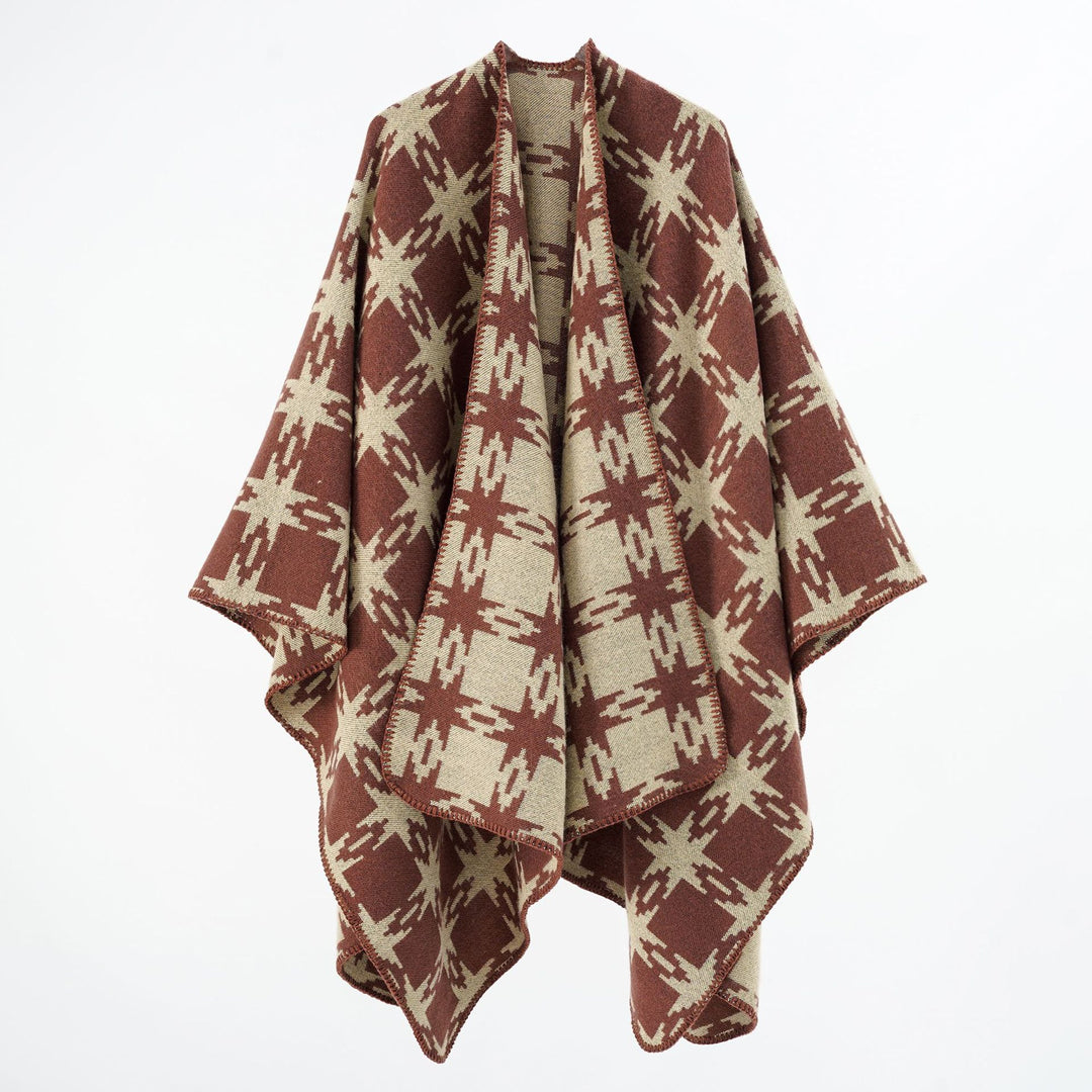 Damen Oversize-Jacquard-Cape mit Sternmotiv und kontrastierter Kettelkante Drune