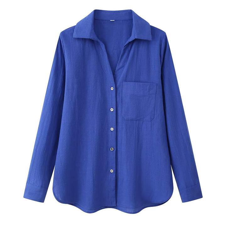 Damen Leichte Oversize-Leinenbluse mit Brusttasche und Hemdkragen Drune