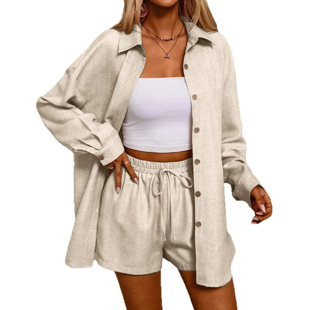 Damen lässiges Set aus oversized Hemd und kurzen Shorts Drune