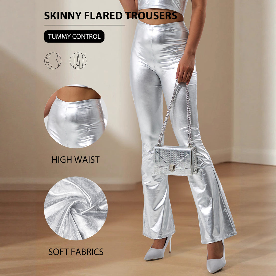 Damen High-Waist Metallic-Schlaghose mit formendem Stretchbund und eleganter Bootcut-Passform Drune