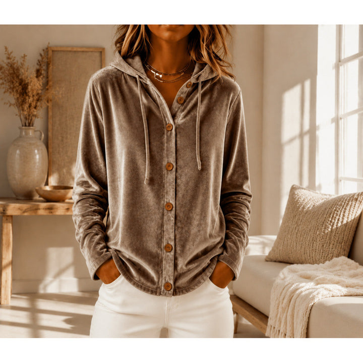 Damen Velours-Hemdjacke mit Kapuze und Knopfleiste Drune