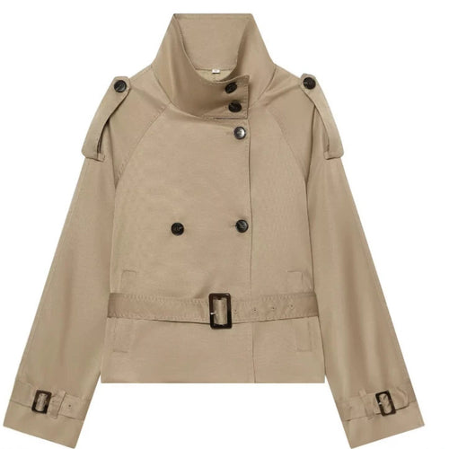 Damen Kurz geschnittener Trenchblouson mit hohem Stehkragen und Taillengürtel Drune