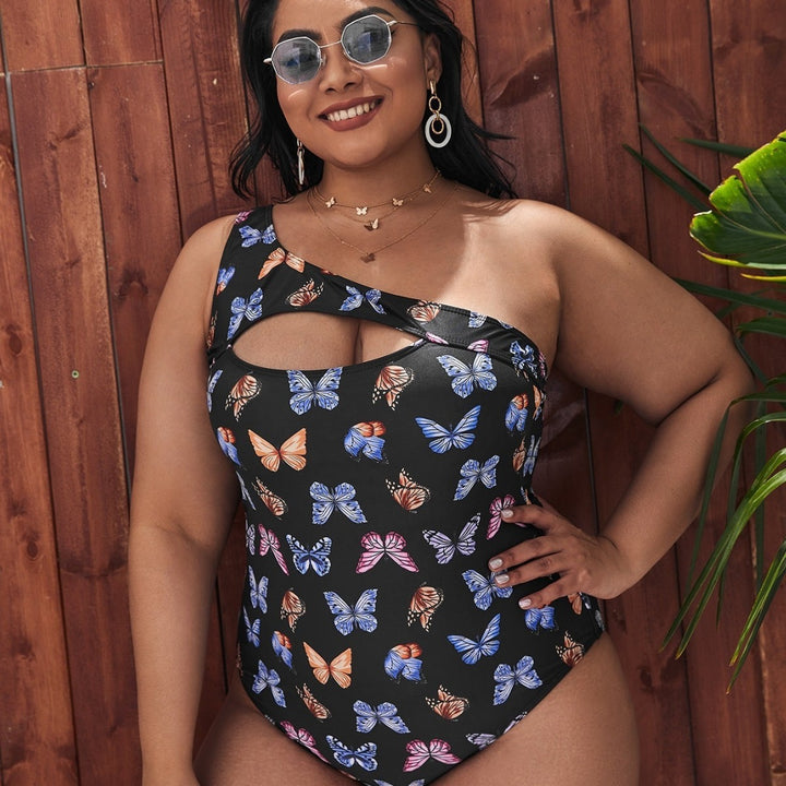 Damen Einseitiger Cut-Out Badeanzug mit floralen Schmetterlingsmotiven Drune