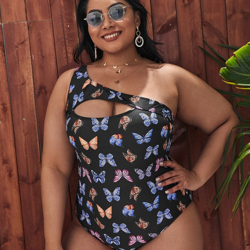 Damen Einseitiger Cut-Out Badeanzug mit floralen Schmetterlingsmotiven Drune