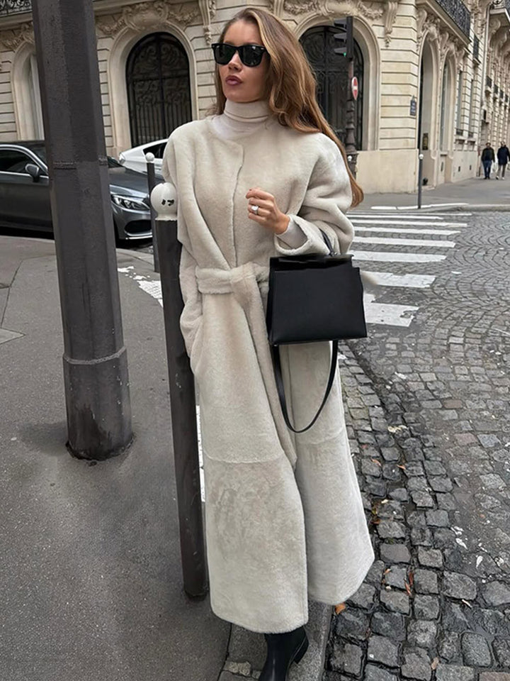 Damen Oversize Langer Kunstfell-Mantel mit Taillengürtel und Stehkragen Drune