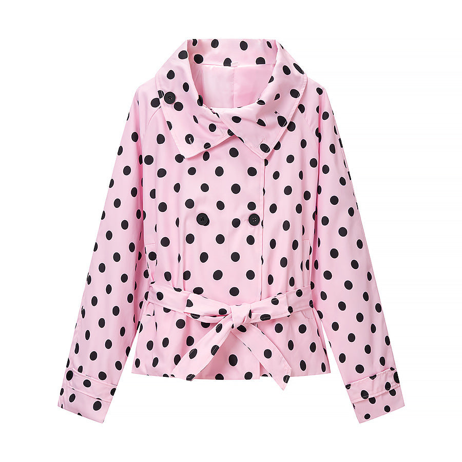 Damen Gepunkteter Trenchcoat-Style mit Bindegürtel und Ballonärmeln Drune