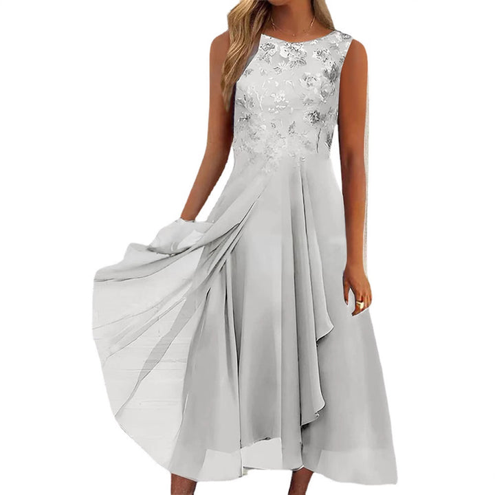 Damen nan ärmelloses Chiffon-Midikleid mit bestickter Brustpartie und asymmetrischem Lagenrock Drune