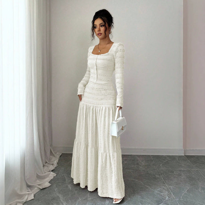 Damen Figurbetontes strukturiertes Maxikleid mit quadratischem Ausschnitt und Knopfleiste Drune