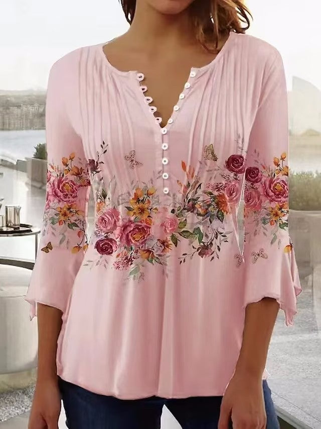 Damen nan luftige Tunika-Bluse mit Aquarell-Blumenbordüre, Kellerfalten und Dreiviertelärmeln Drune