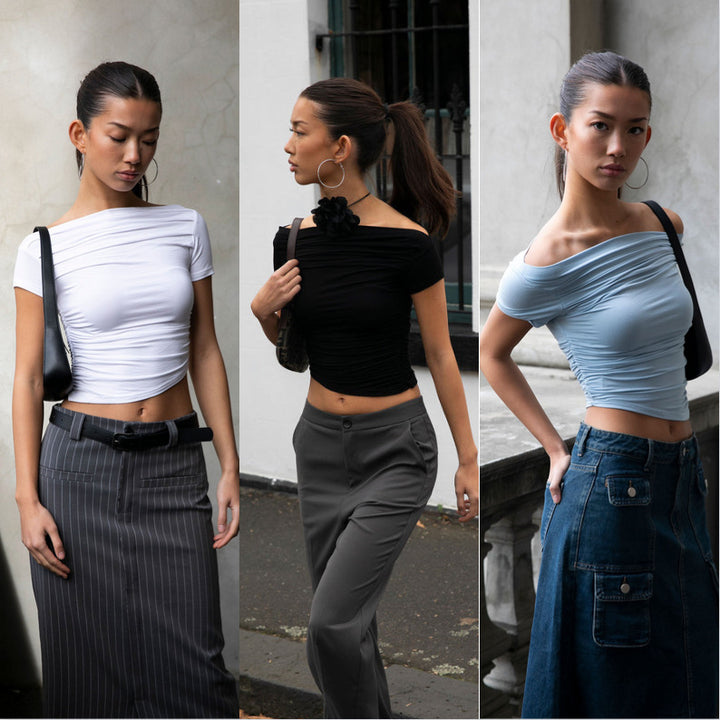 Damen figurbetontes Oberteil mit Off-Shoulder Design und Raffung Drune