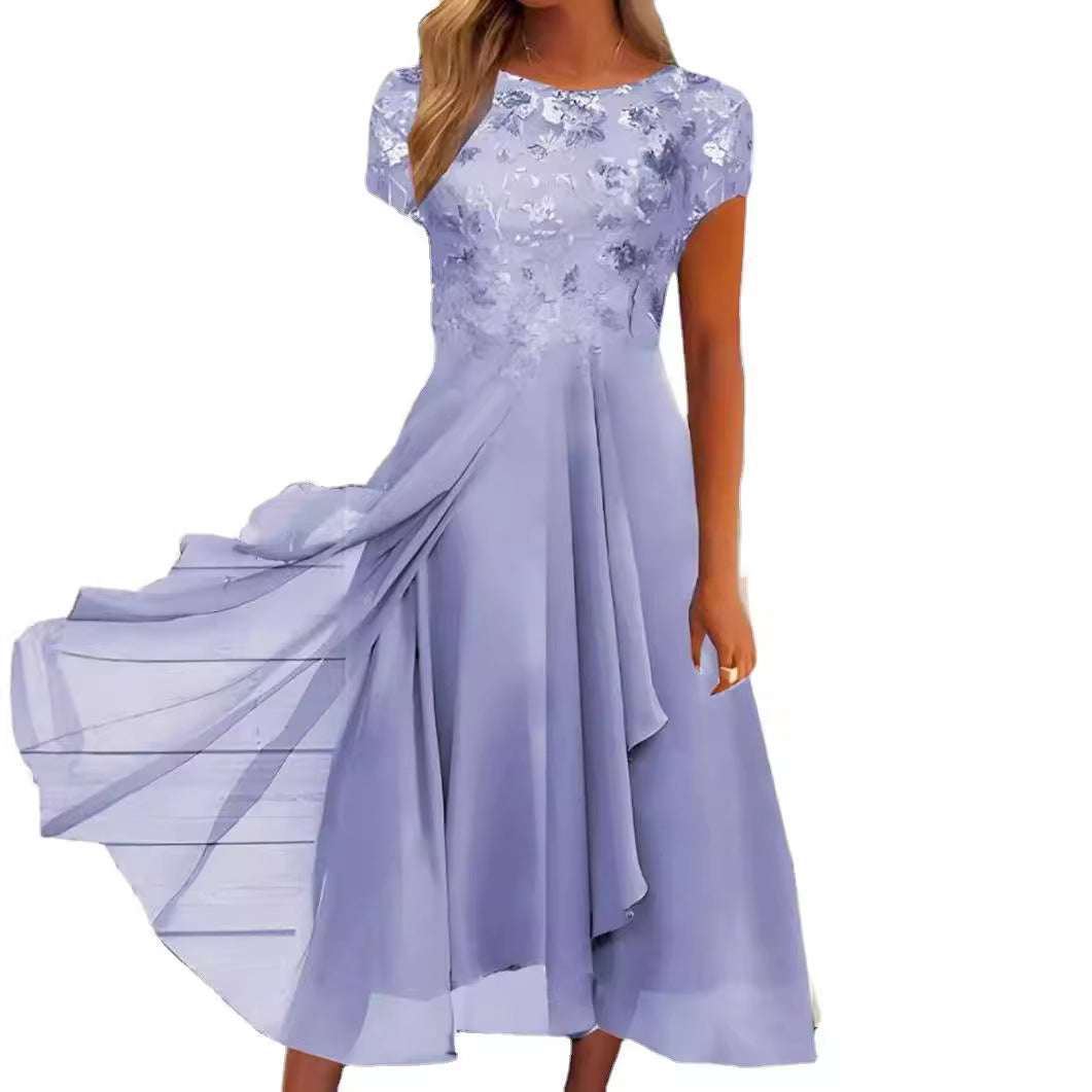 Damen nan fließendes Chiffon-Midikleid mit blumenbesticktem Oberteil und asymmetrischem Stufenrock Drune