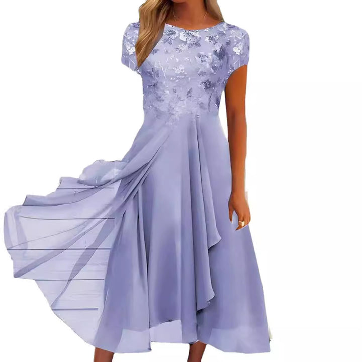 Damen nan fließendes Chiffon-Midikleid mit blumenbesticktem Oberteil und asymmetrischem Stufenrock Drune