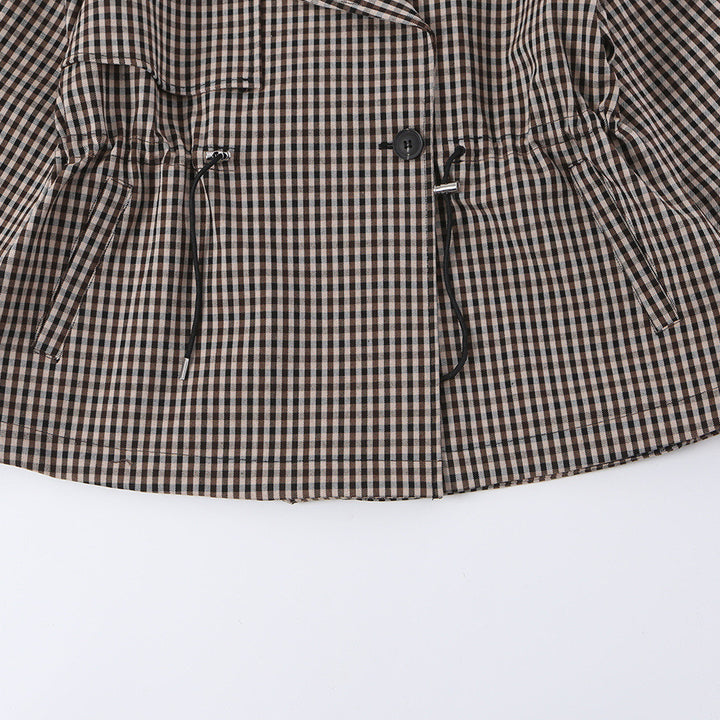 Damen Kurze Karo-Trenchjacke mit Tunnelzug-Taille und weitem Revers Drune
